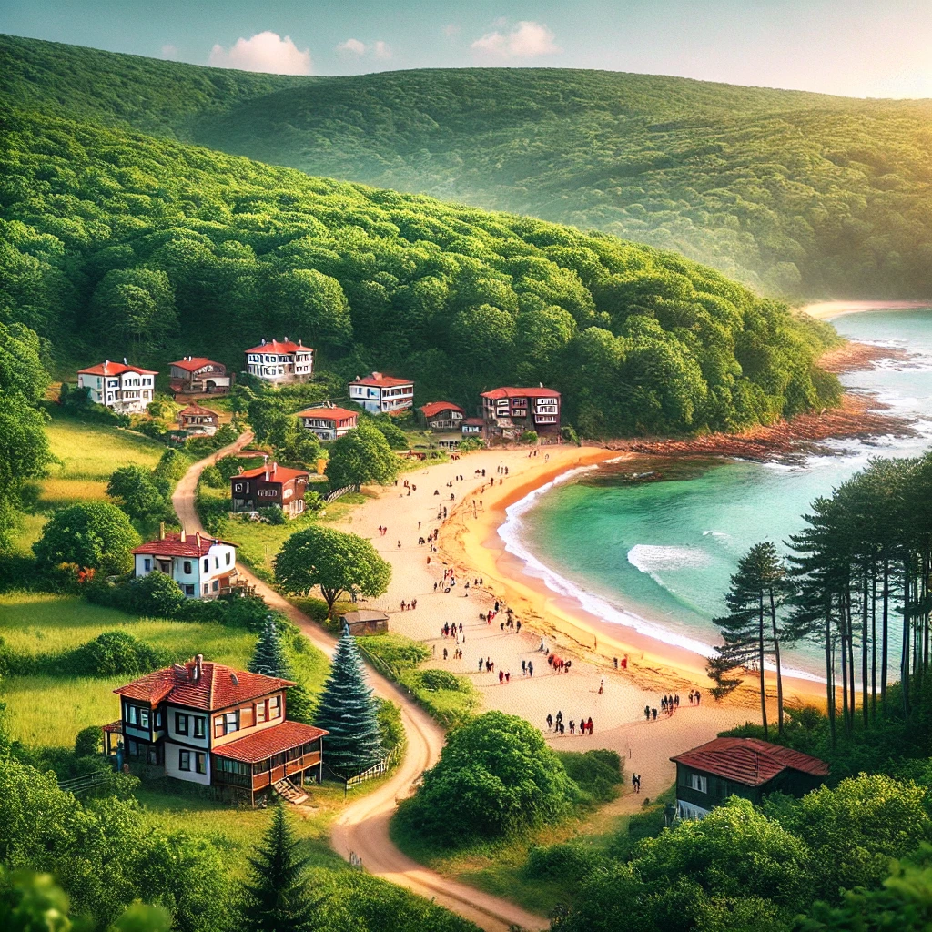 Picturesque view of İğneada on Turkey's Black Sea coast, showcasing lush green Longoz forests, a sandy beach with clear blue waters, and traditional houses in the background.