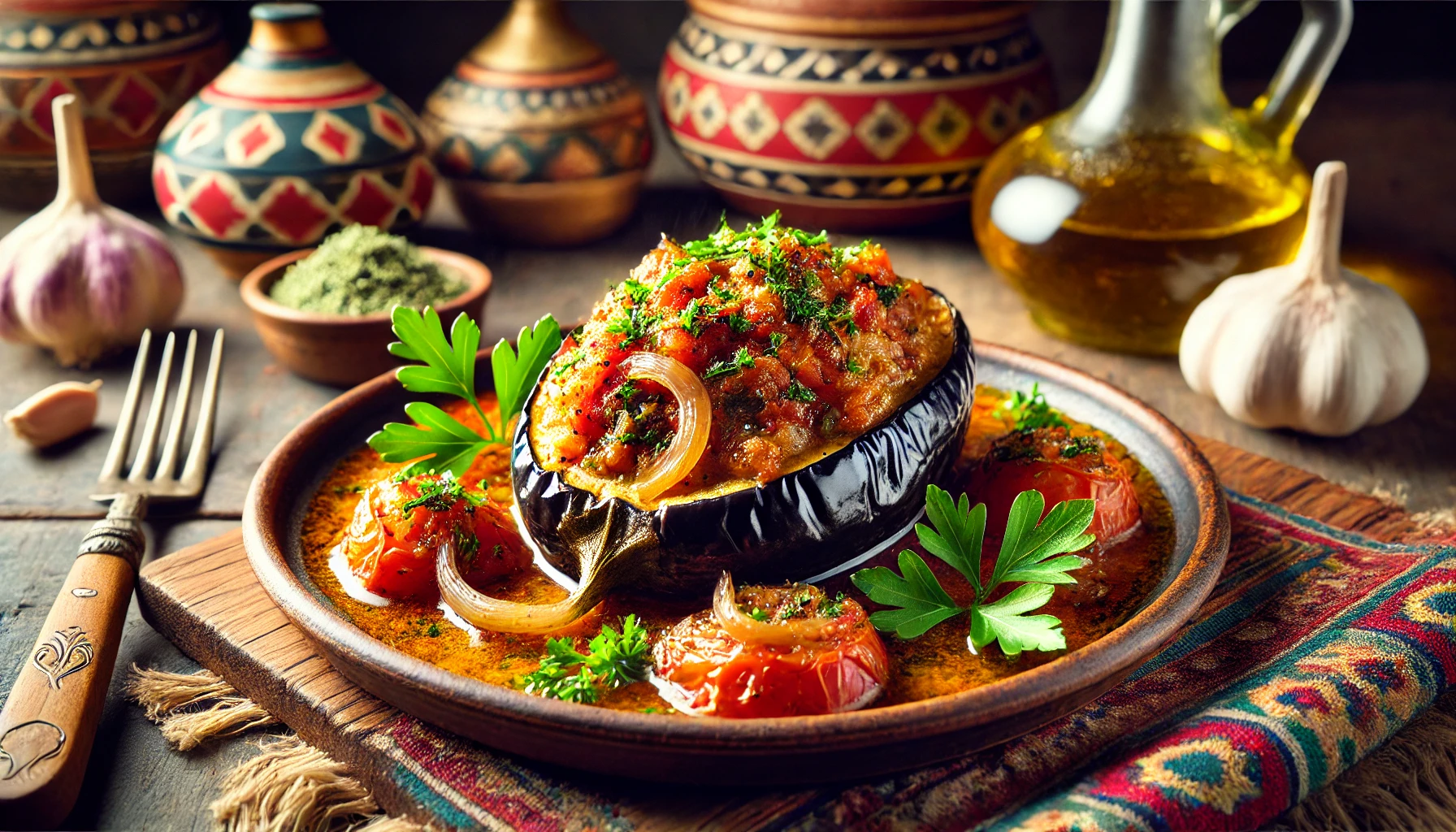 Beautifully plated Imam Bayıldı, a traditional Turkish dish with stuffed eggplant, onions, tomatoes, garlic, and herbs drizzled with olive oil.