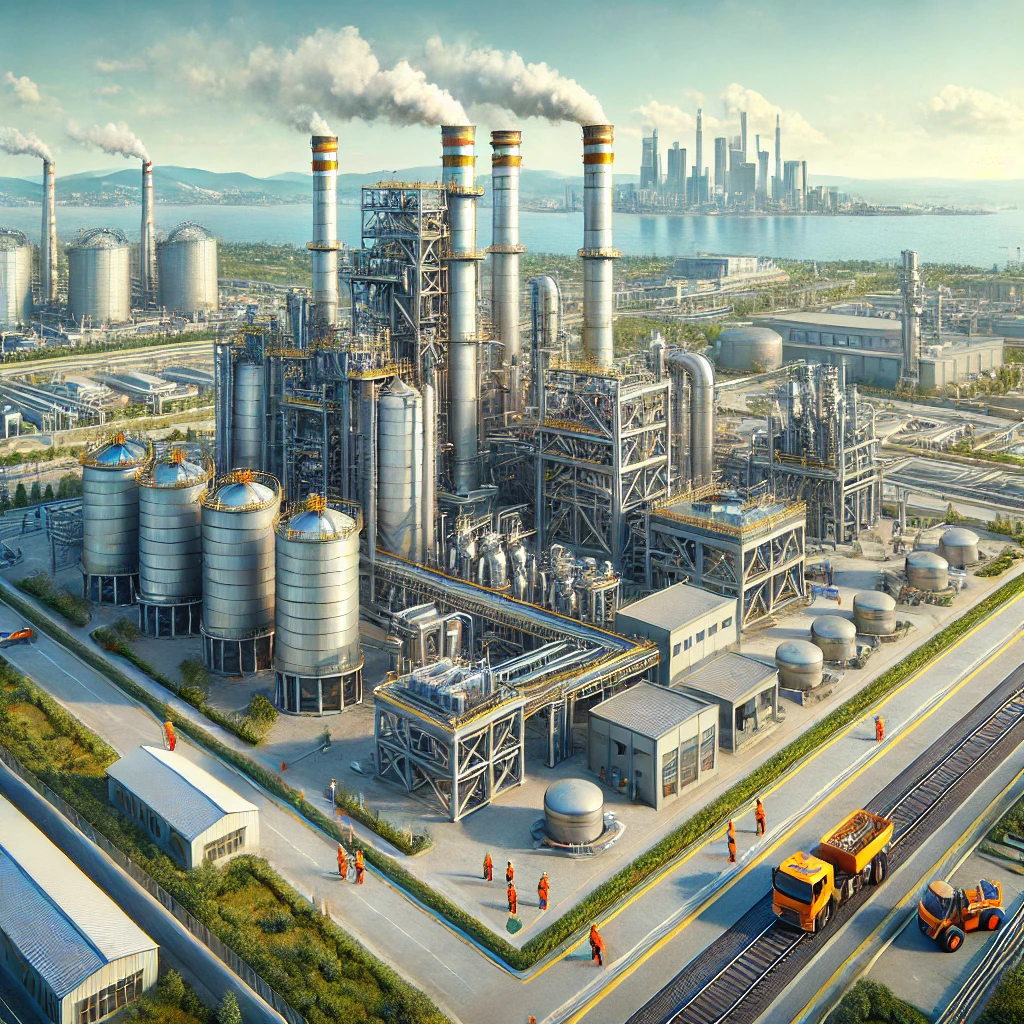 Industrial site in Turkey with factory, smokestacks, modern machinery, and workers in safety gear.