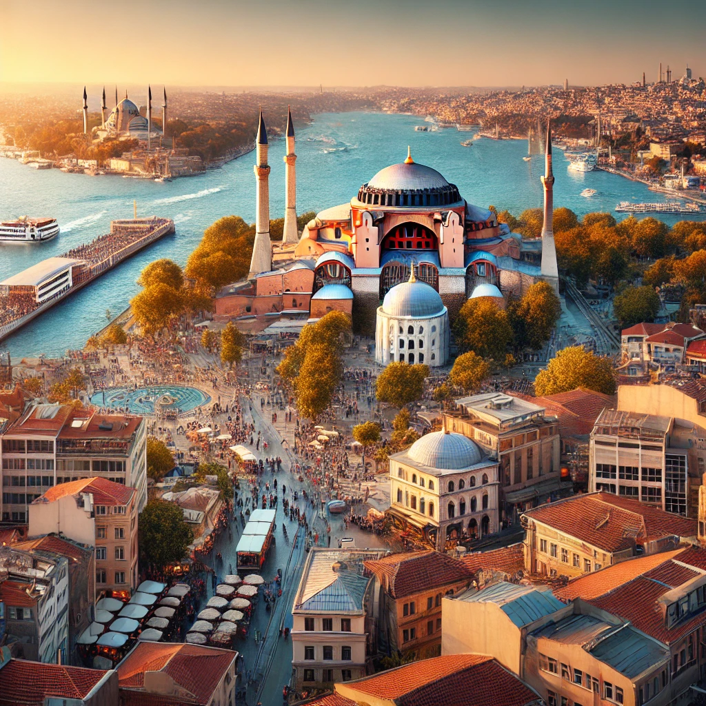 Panoramic view of Istanbul, Turkey, with Hagia Sophia, Blue Mosque, and Bosphorus.