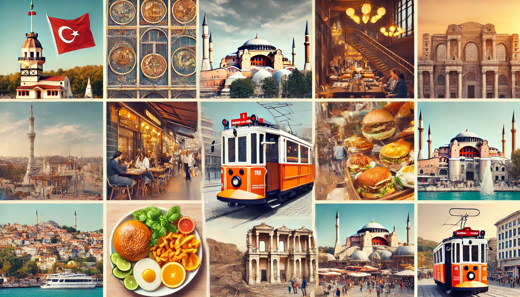 Collage showcasing various aspects of travel costs in Turkey, featuring a budget-friendly hostel, a mid-range boutique hotel, Turkish street food, a tram in Istanbul, popular tourist attractions like Hagia Sophia and Pamukkale, and bustling markets like the Grand Bazaar.