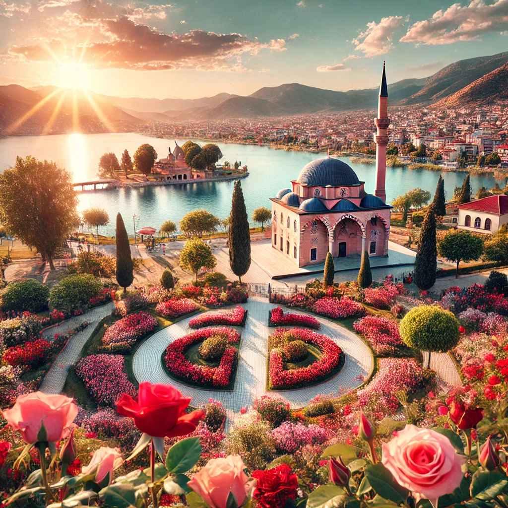 A picturesque scene of Isparta, Turkey, showcasing its iconic rose gardens in full bloom with vibrant pink and red roses, the historical Kutlu Bey Mosque in the background, and the beautiful Lake Eğirdir nearby.