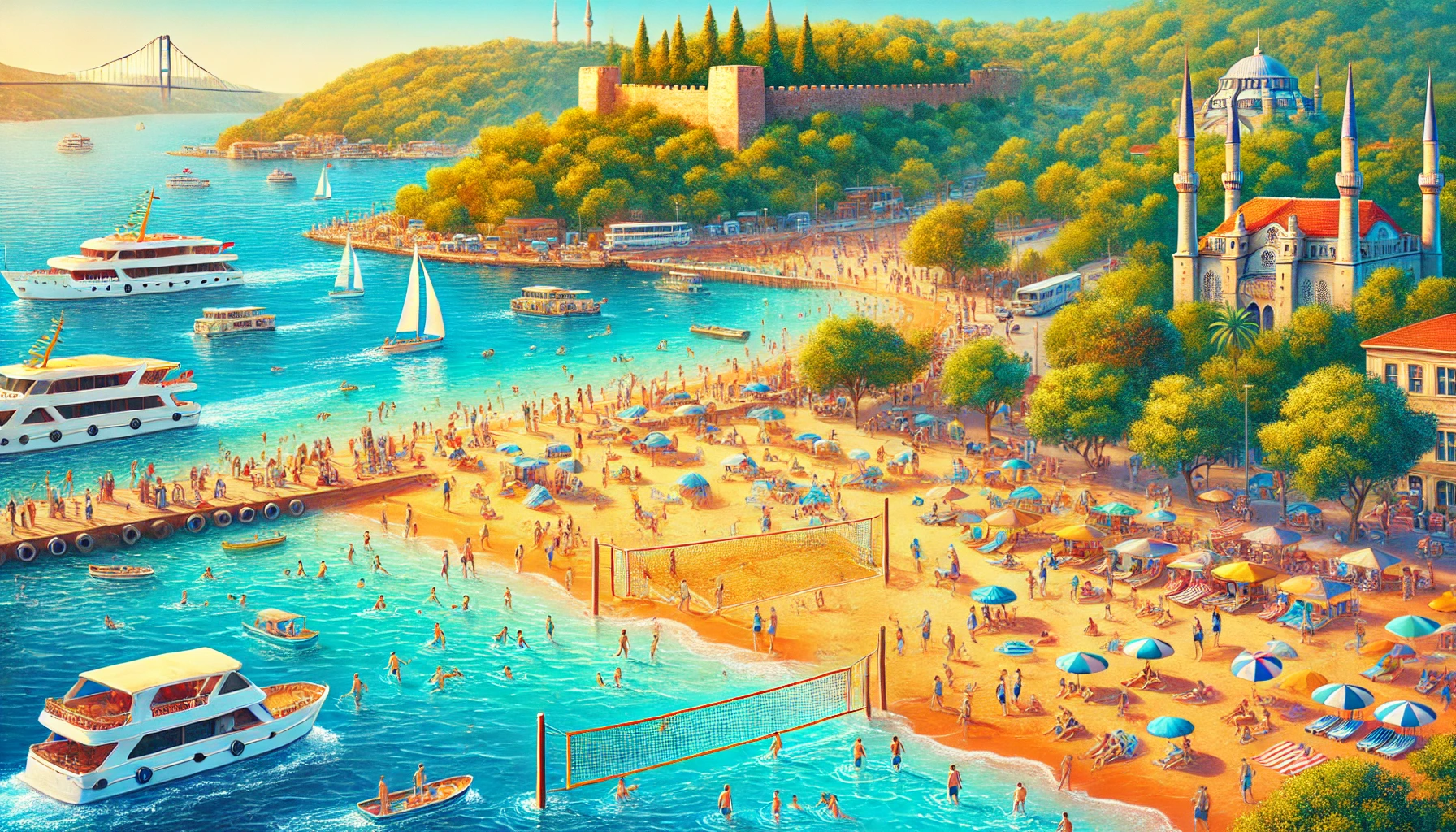 A beautiful beach in Istanbul with clear blue waters, golden sand, and people enjoying activities such as swimming, sunbathing, and playing beach volleyball. Lush greenery and historical landmarks are in the background.