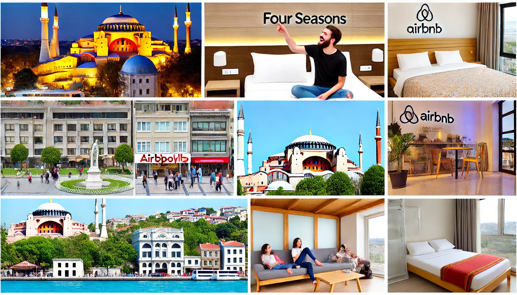 Collage showcasing various hotels and accommodation options in Istanbul, including luxury hotels like the Four Seasons, modern Airbnb apartments, and budget-friendly hostels, with iconic landmarks such as the Hagia Sophia and the Bosphorus.