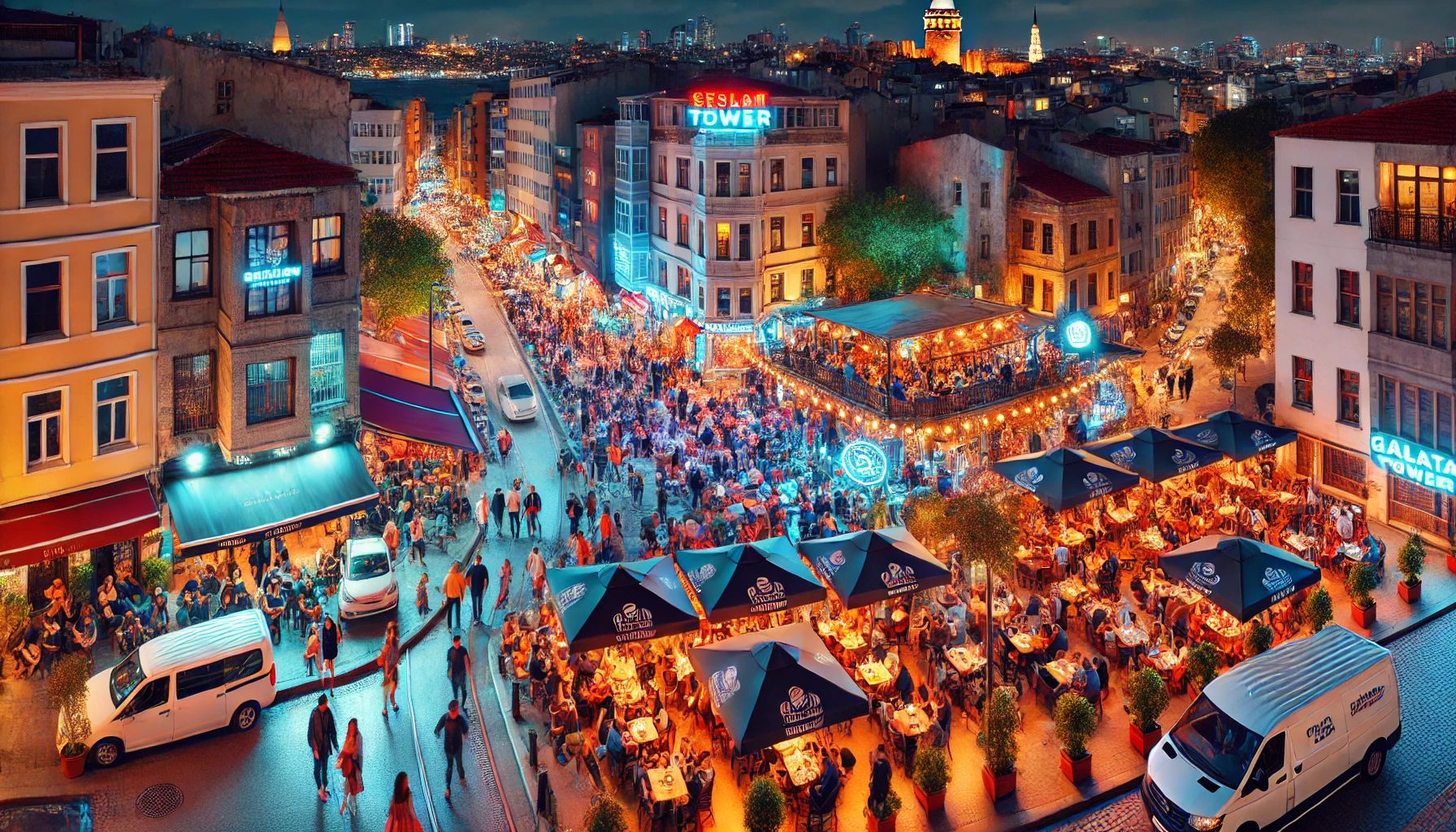 A vibrant night life scene in Istanbul featuring a lively street filled with people enjoying bars, cafes, and restaurants. The area is illuminated with colorful lights, and the iconic Galata Tower is visible in the background. Street performers and live music add to the festive atmosphere, showcasing the energy and excitement of Istanbul's night life.