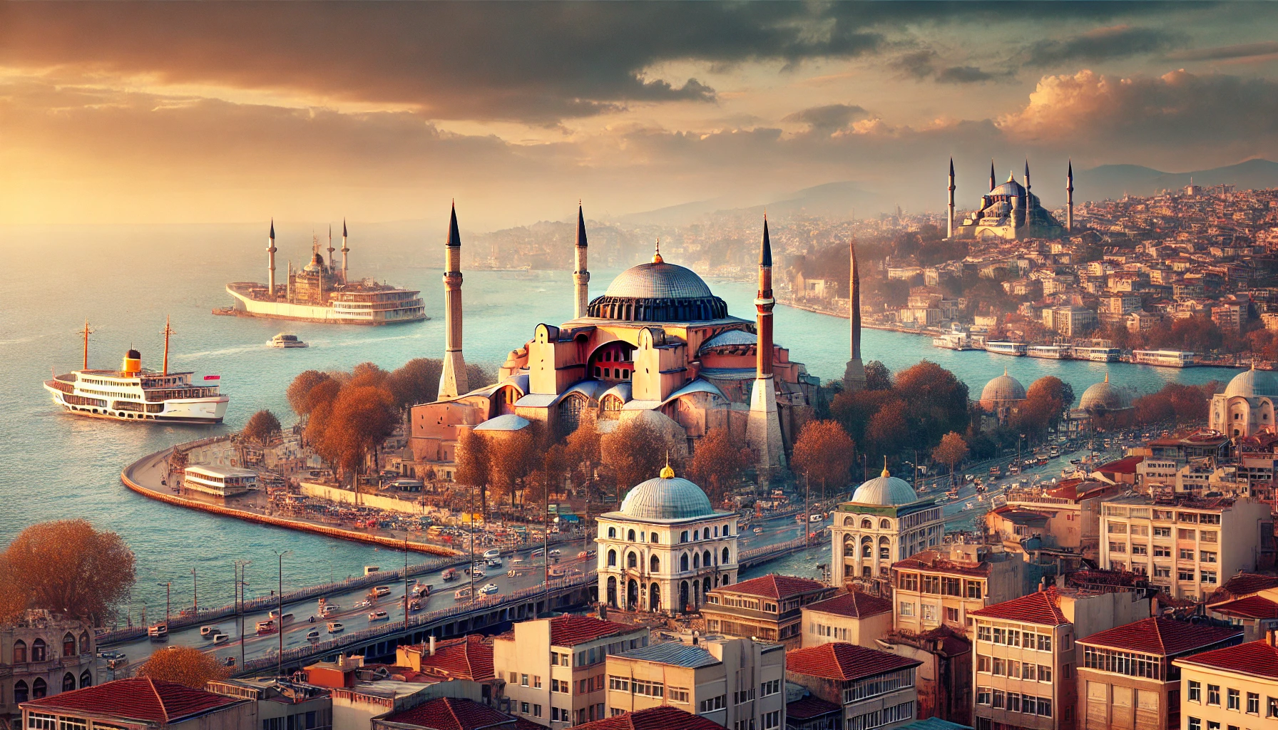 Scenic view of Istanbul, Turkey at sunset featuring iconic landmarks such as Hagia Sophia and the Blue Mosque.