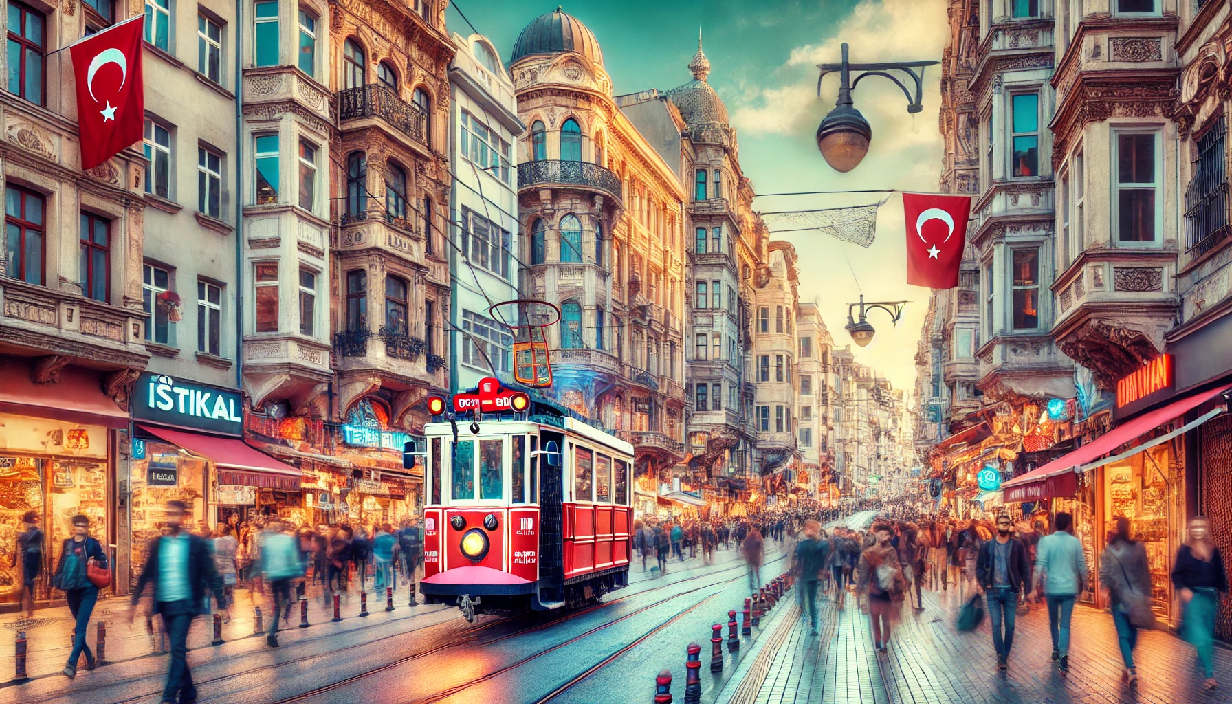 Vibrant scene of İstiklal Avenue in Istanbul, Turkey, with bustling pedestrian traffic, historic buildings, and a nostalgic tram.