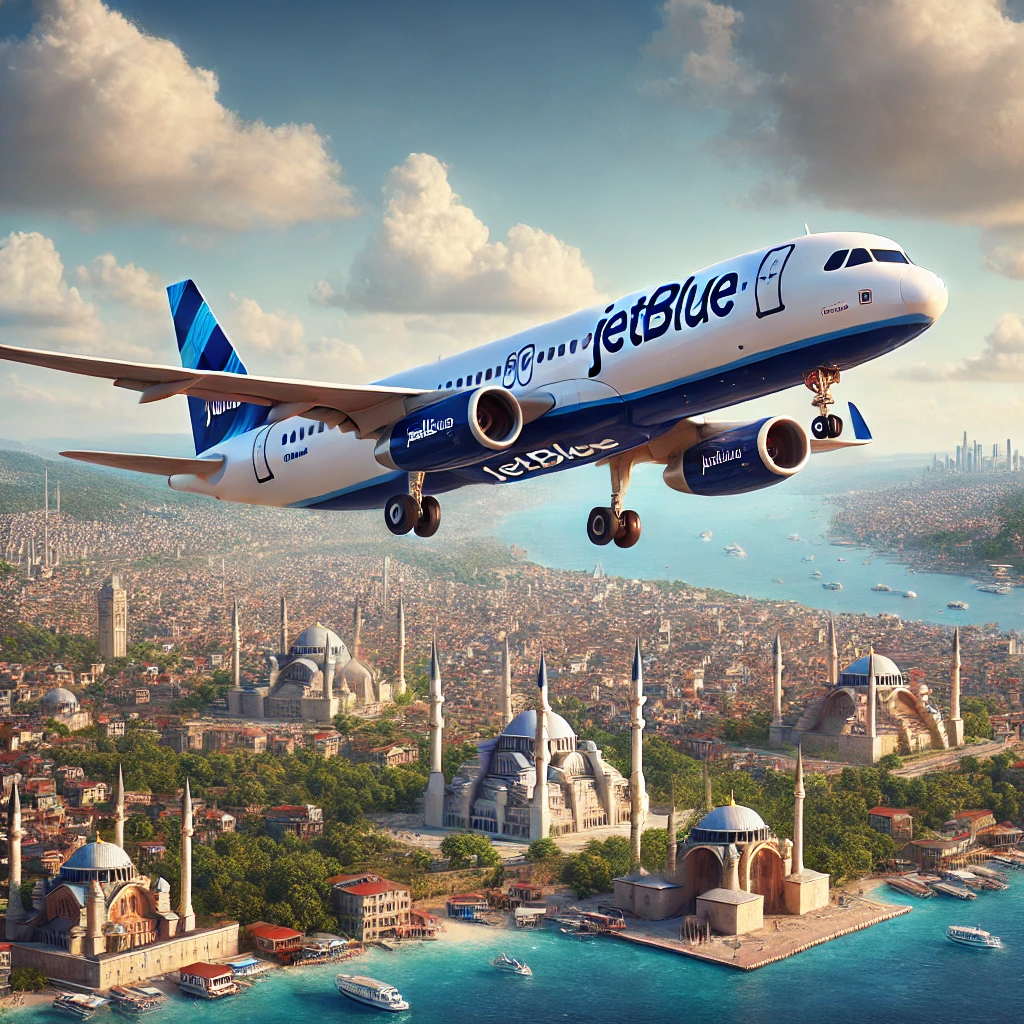 JetBlue airplane flying over Istanbul with the Hagia Sophia and Bosphorus in the background.