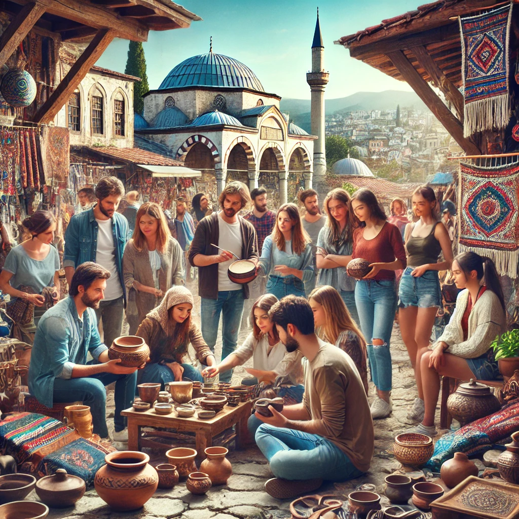 Tourists engaging with local artisans in a traditional Turkish market with handmade crafts, textiles, and pottery.