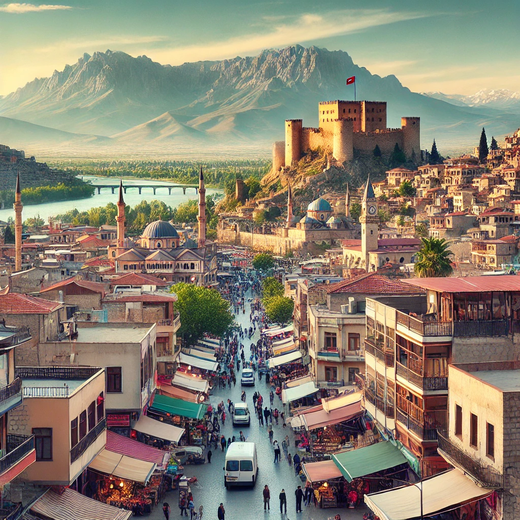 A scenic view of Kahramanmaraş, Turkey, featuring the historic Kahramanmaraş Castle, city center, and Mount Ahır.