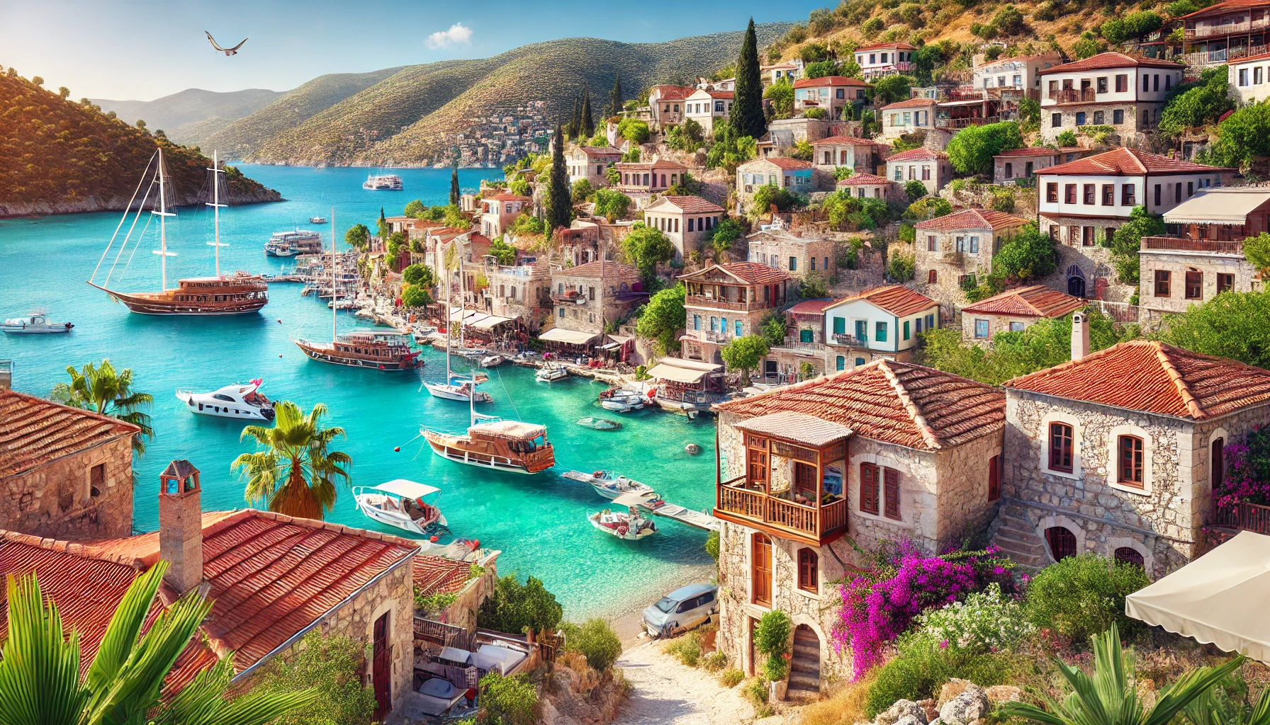 A picturesque view of the Kalkan coastline in Turkey, featuring charming stone-built houses on a hillside, a beautiful harbor with boats, and clear turquoise waters. The scene includes narrow lanes lined with shops and restaurants, vibrant bougainvillea, and lush green hills in the background.