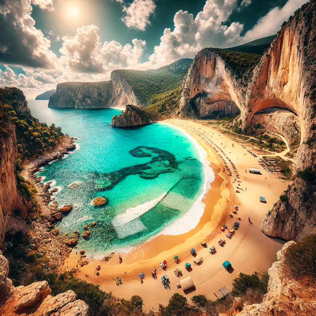 Breathtaking view of Kaputaş Beach in Turkey with clear turquoise waters, golden sandy shoreline, and dramatic limestone cliffs.