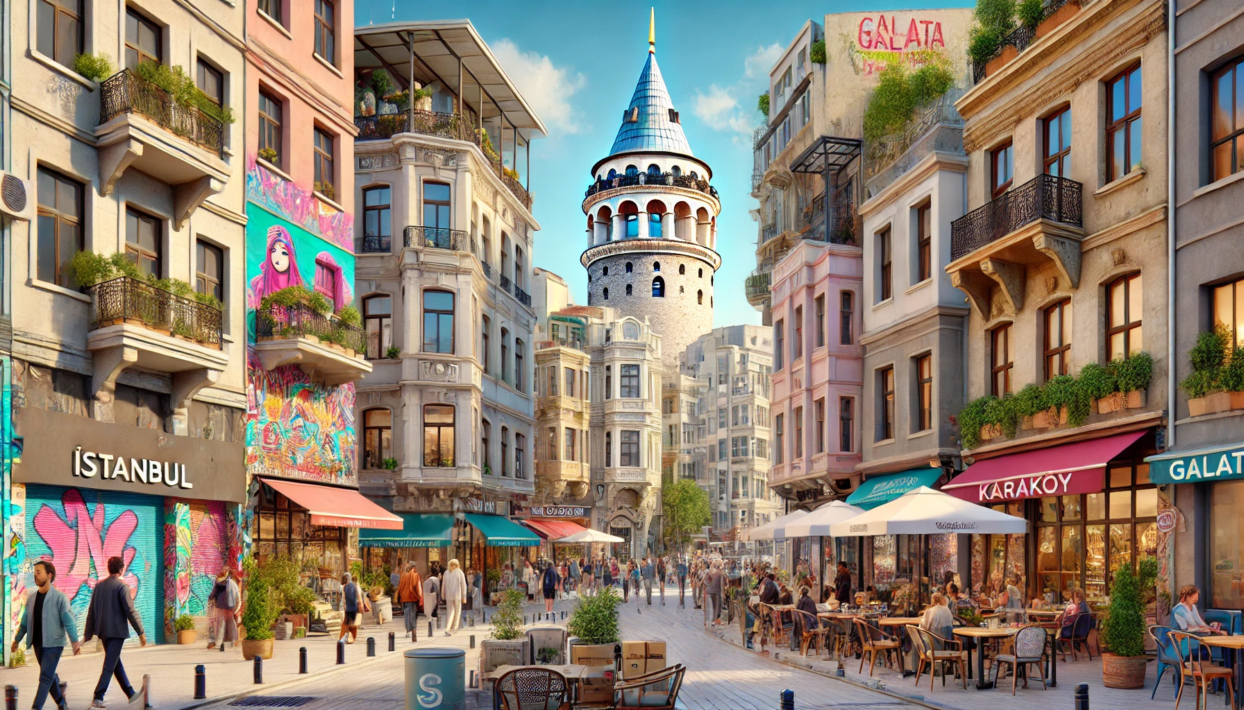 Realistic view of Karaköy in Istanbul with vibrant street art, historic buildings, modern cafes, people walking, and the Galata Tower in the background under clear blue skies.