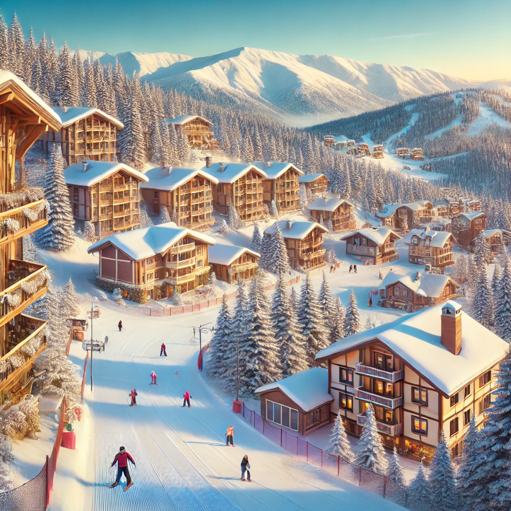 Picturesque view of Kartepe in Turkey, showcasing snow-covered ski slopes, cozy chalets nestled among trees, and people skiing and snowboarding with clear blue skies and majestic mountains in the background.