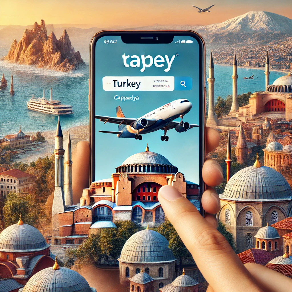 Traveler using Kayak on a smartphone to search for flights to Turkey with Turkish landmarks in the background.