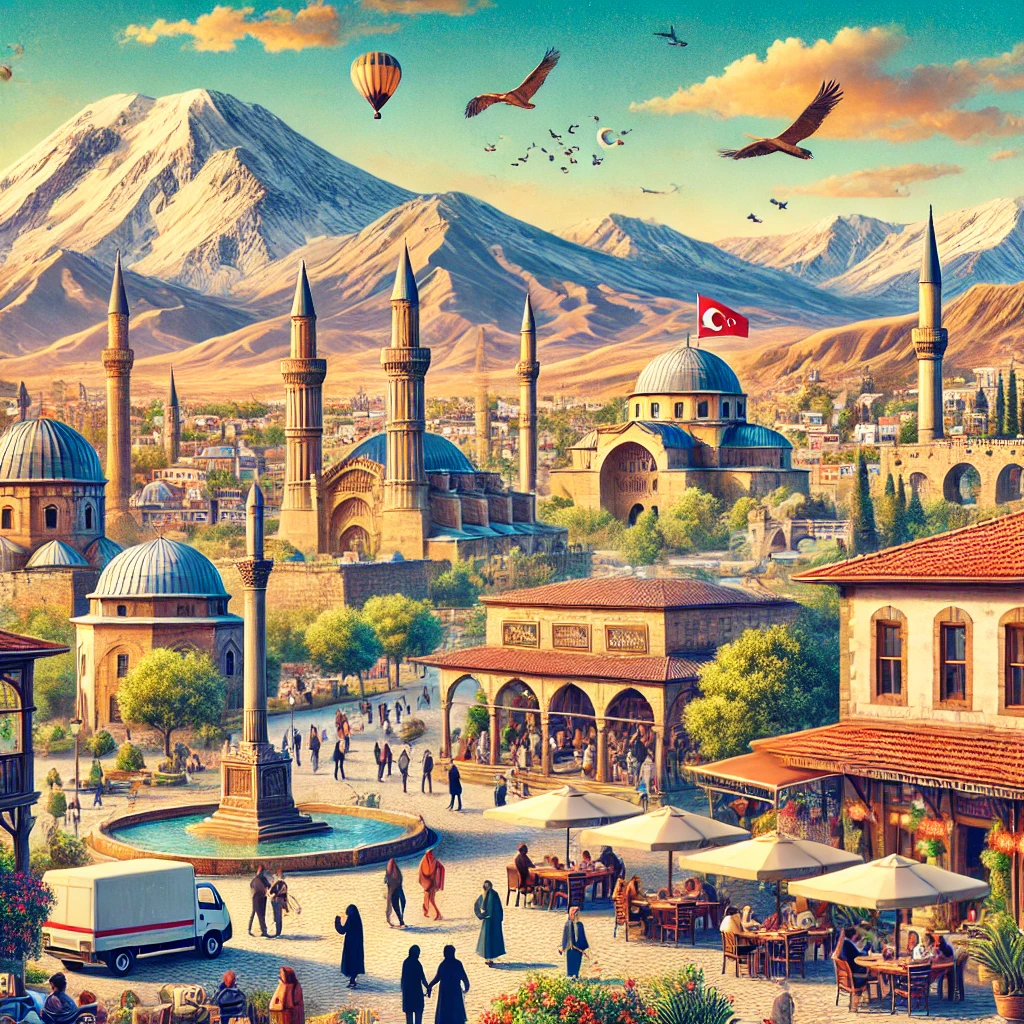 Vibrant scene in Kayseri, Turkey with Mount Erciyes, historical monuments, and bustling markets.