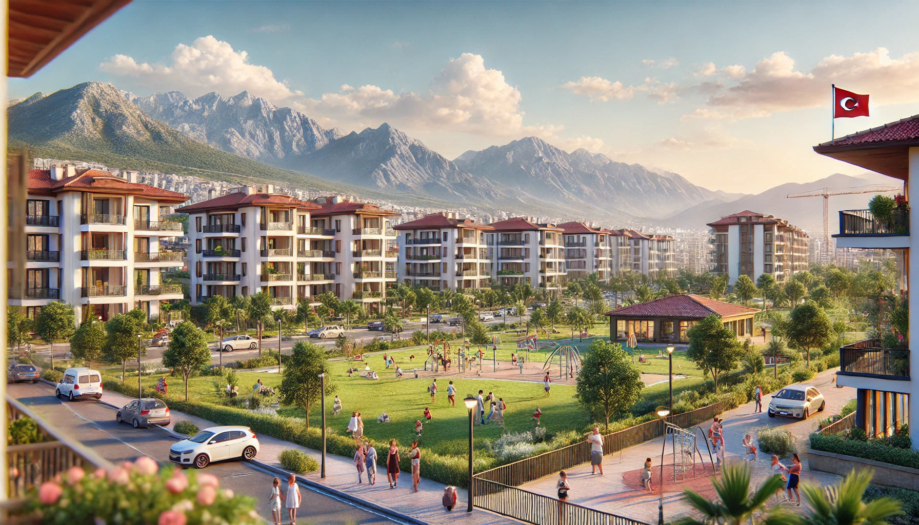 Realistic view of Kepez in Antalya with modern apartment buildings, green parks, children playing, and the Taurus Mountains in the background under a clear blue sky.