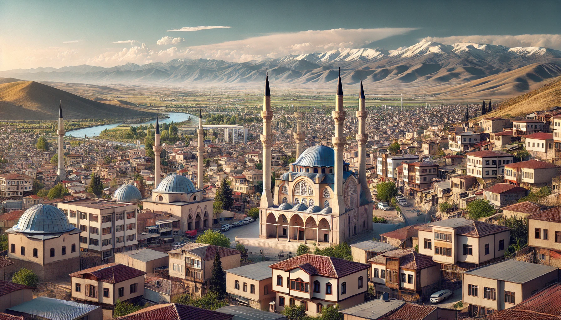 Panoramic view of Kırşehir, Turkey showcasing historical and modern architecture, including Ahi Evran Mosque.