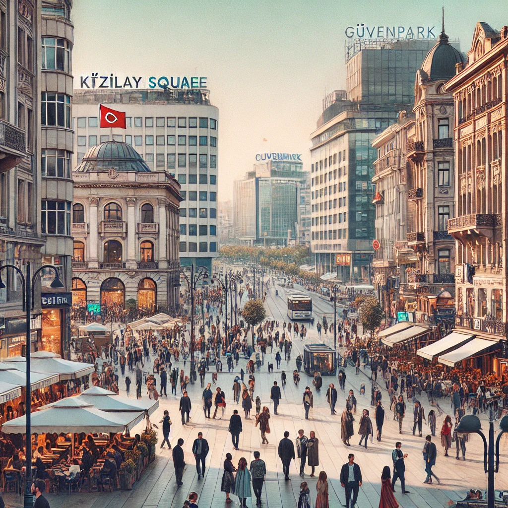 A bustling scene of Kızılay Square in Ankara, Turkey, showing people walking and socializing with shops and cafes lining the streets.