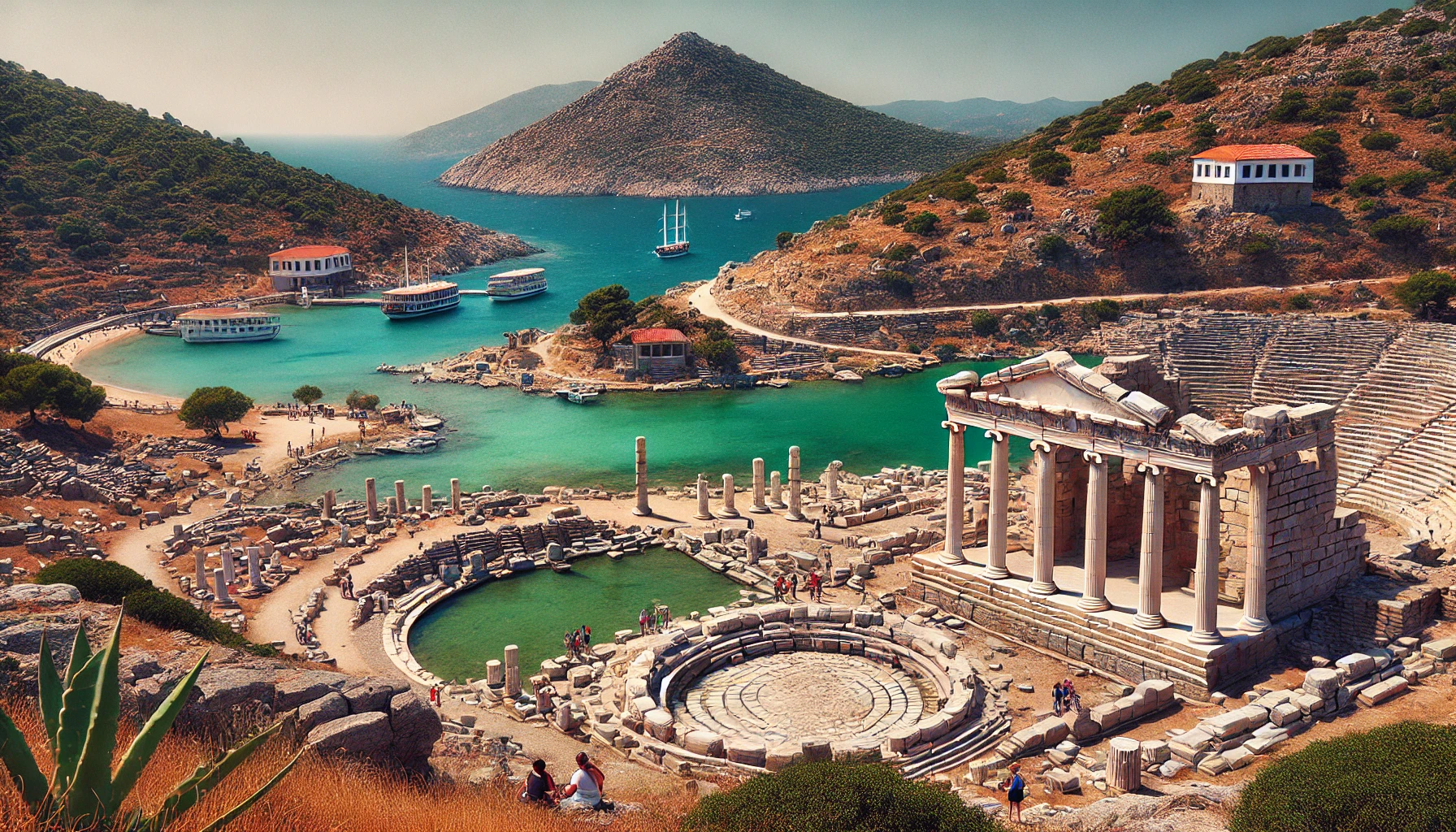 A scenic view of the ancient city of Knidos on the Datça Peninsula, Turkey, featuring ruins of the Temple of Apollo, round temples, and hillside houses with the turquoise waters of the Aegean Sea in the background, and tourists exploring the site.