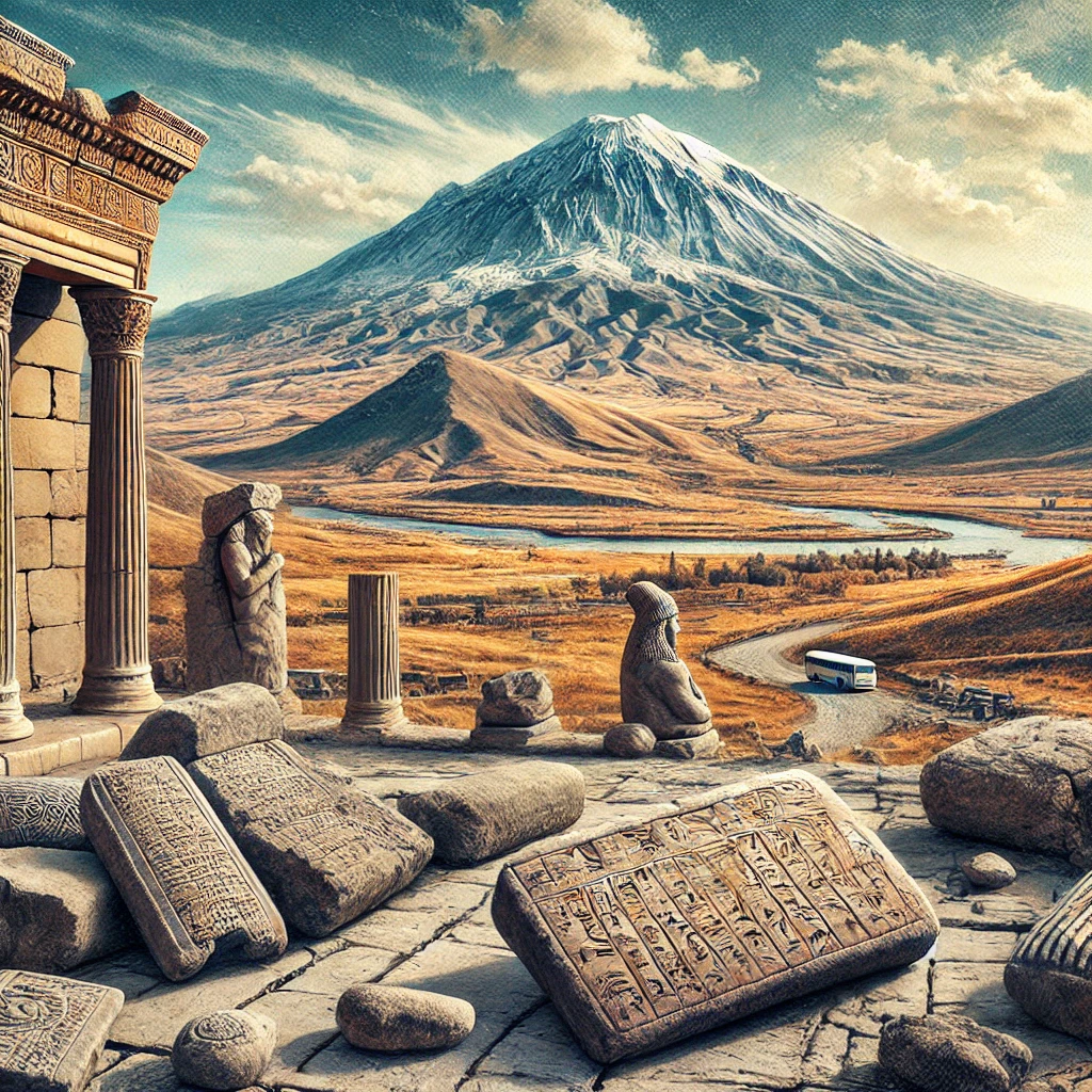 Picturesque view of Kültepe archaeological site in Kayseri, Turkey, showcasing ancient ruins and artifacts with the scenic background of Mount Erciyes.