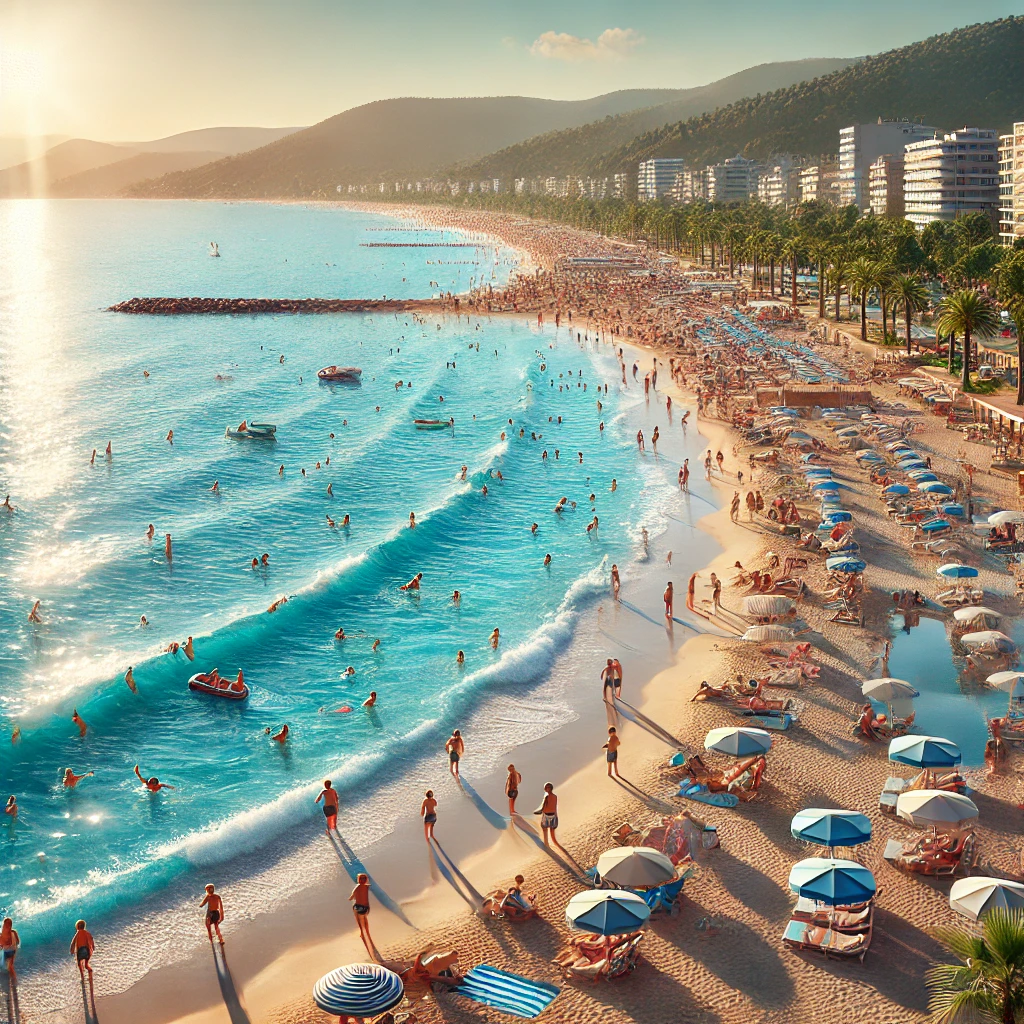 A lively scene at Ladies Beach in Kuşadası, Turkey, with people sunbathing, surfing, and enjoying beach activities under a bright sun and clear blue skies.