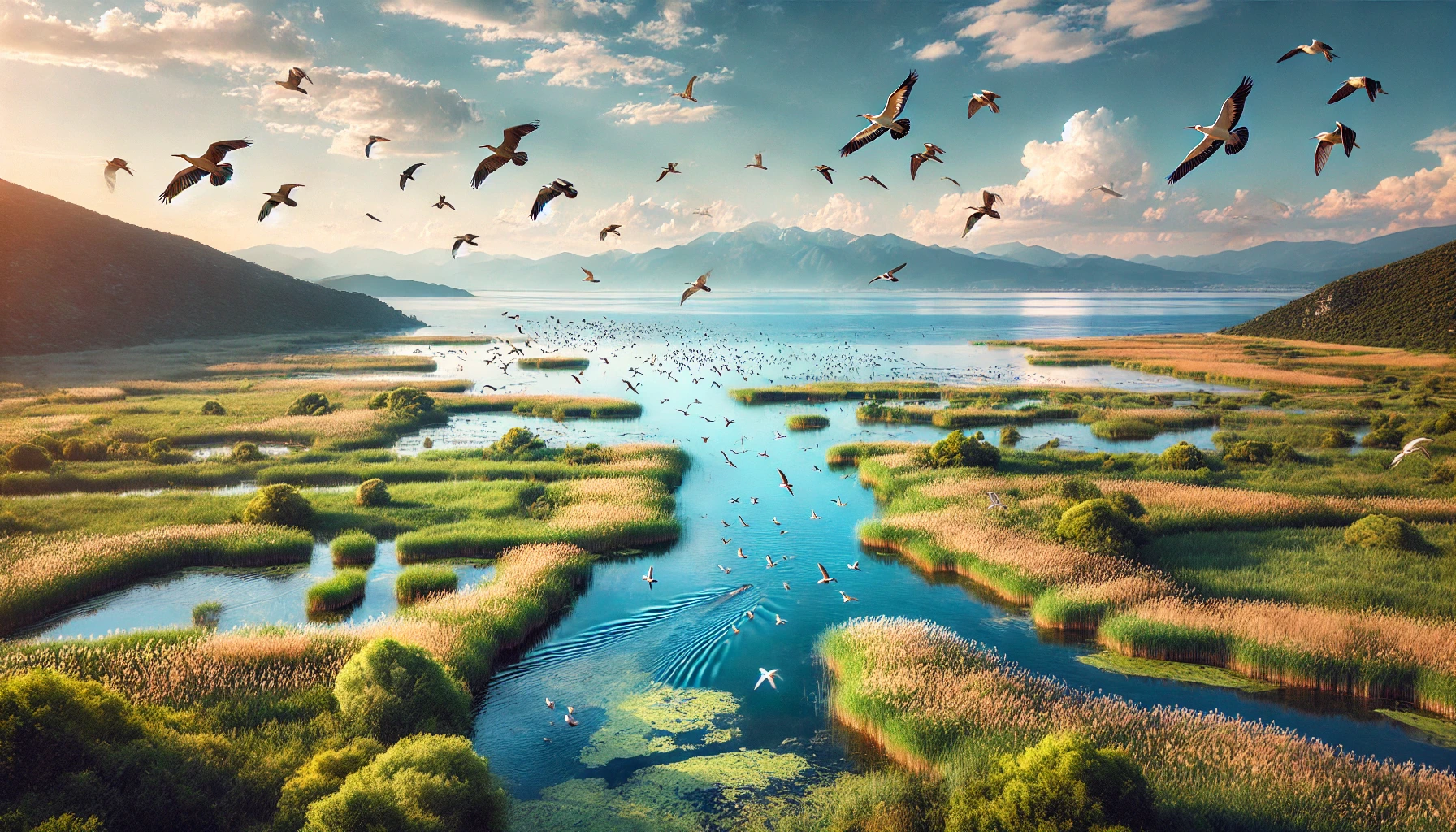 A breathtaking view of Lake Manyas in Turkey, featuring lush wetlands, clear blue waters, and diverse bird species in flight, with a serene landscape of reeds, aquatic plants, and distant mountains under a clear sky.