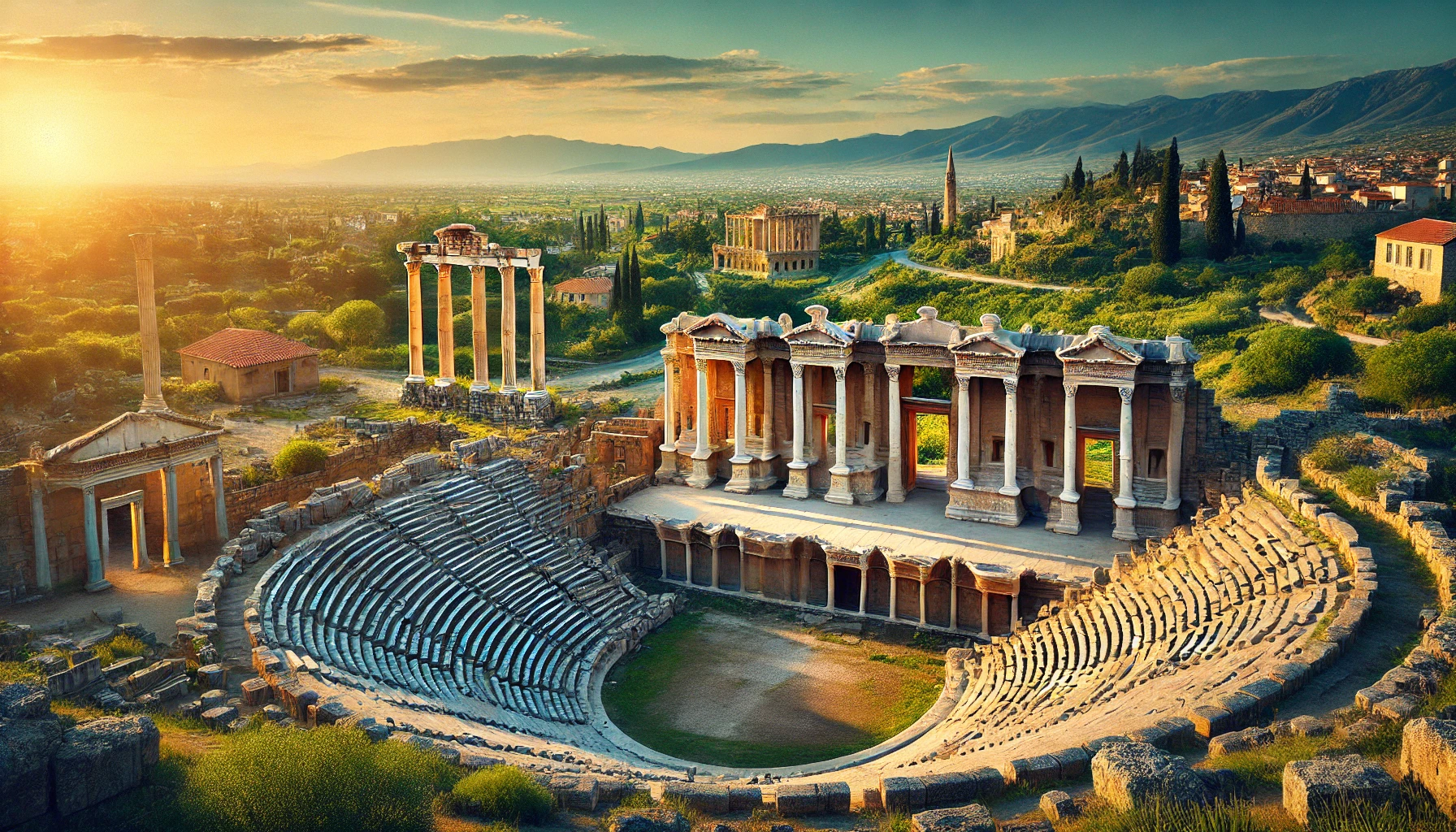 A picturesque view of the ancient city of Laodikea in Denizli, Turkey, featuring well-preserved ruins of the theater, the Temple of Zeus, and the Bouleuterion, set against a backdrop of lush greenery and a clear blue sky.