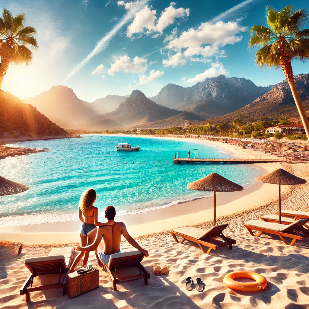 Couple enjoying a last-minute holiday on a sunny beach in Turkey with clear blue waters, golden sand, and a scenic backdrop of mountains and palm trees.