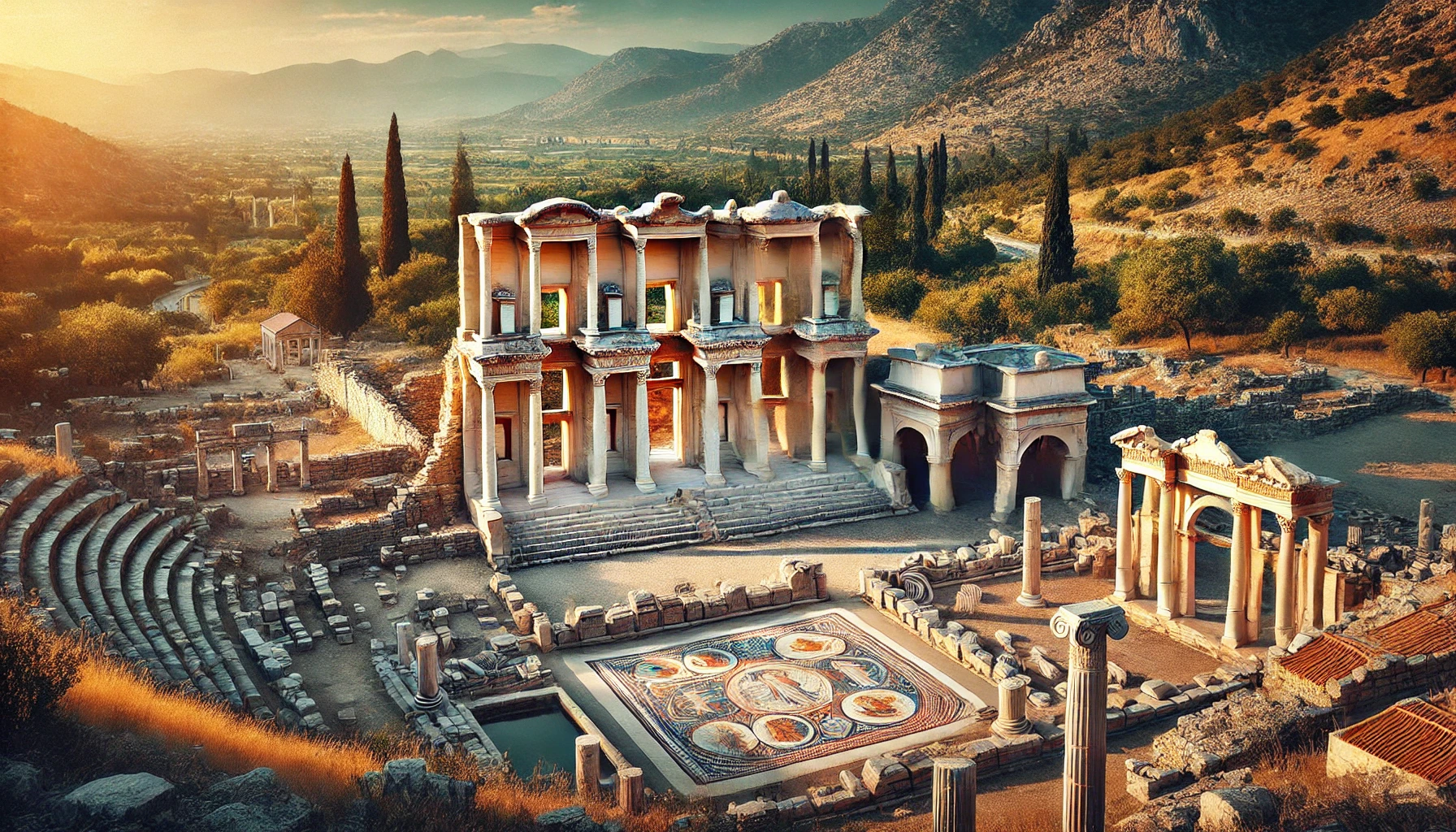 A picturesque view of the ancient city of Letoon in Turkey, featuring well-preserved ruins of the temples dedicated to Leto, Apollo, and Artemis, with intricate mosaic depictions and the Nymphaeum, set against a backdrop of lush greenery and a clear blue sky.