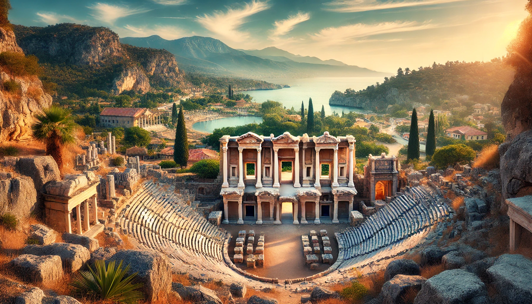 A picturesque view of the ancient city of Limyra in Finike, Antalya province, featuring well-preserved ruins such as the Heroon of Pericles, rock-cut tombs, and the grand theatre.