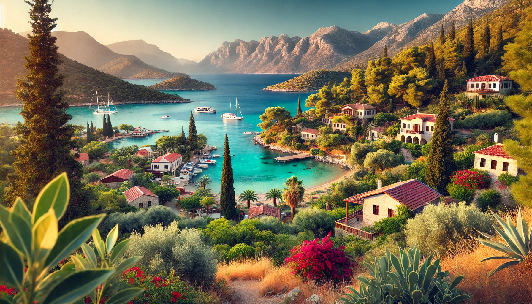 A picturesque view of the Loryma Peninsula in southwest Turkey, featuring a beautiful coastline with clear turquoise waters, olive groves, and pine forests. The scene includes a charming village with stone-built houses, vibrant bougainvillea, and a small harbor with boats, all set against a backdrop of rugged peaks and deep valleys.