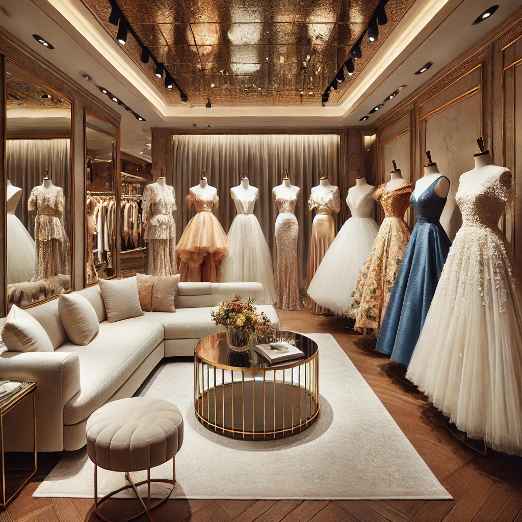 A luxurious Turkish boutique showcasing a variety of elegant dresses, including wedding, prom, cocktail, and summer dresses.