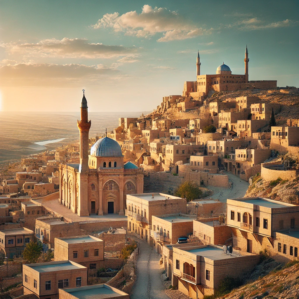 A picturesque scene of Mardin, Turkey, showcasing its ancient architecture and scenic landscape.