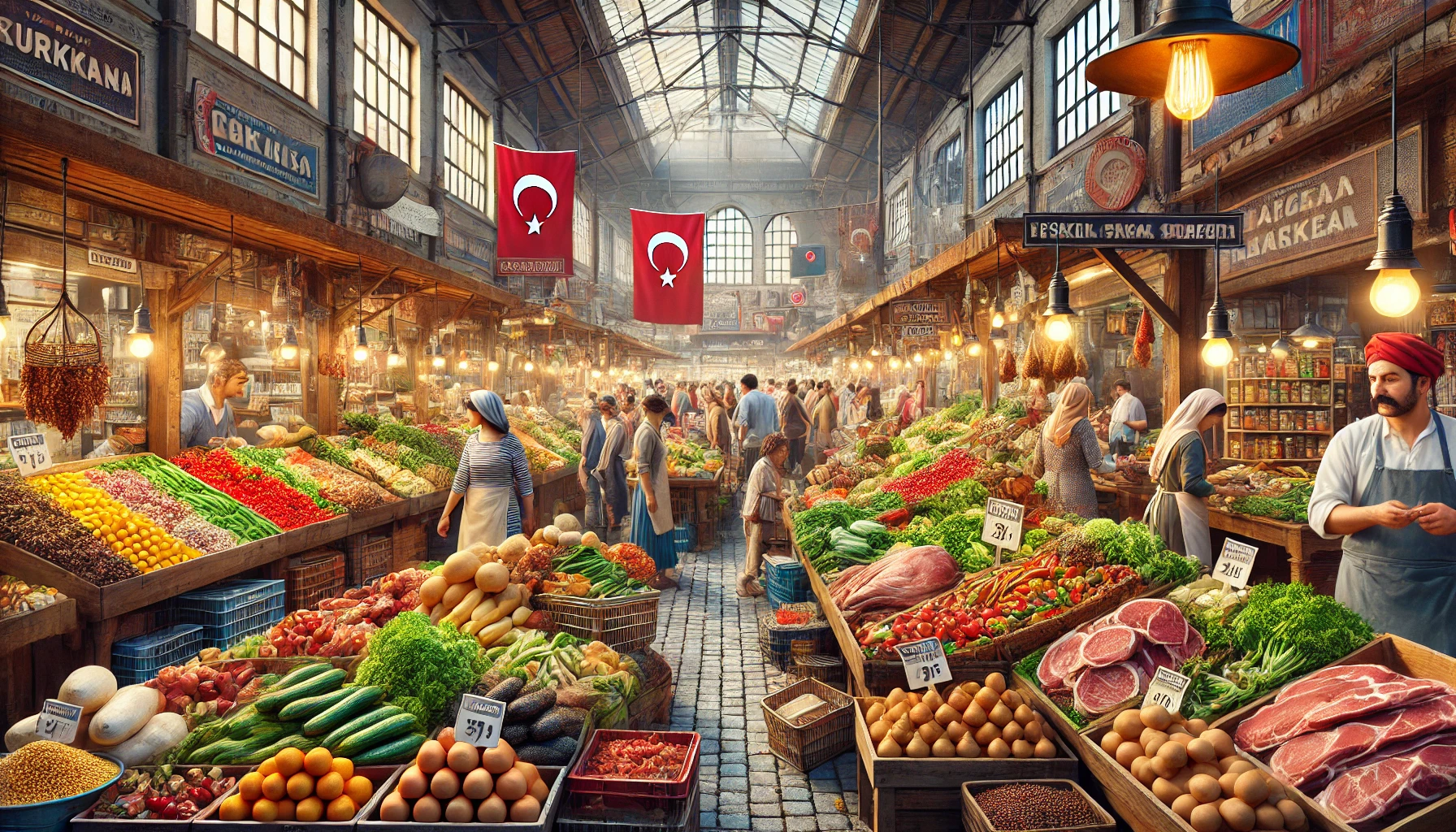 Bustling Turkish market with fresh produce, meats, and spices on display.