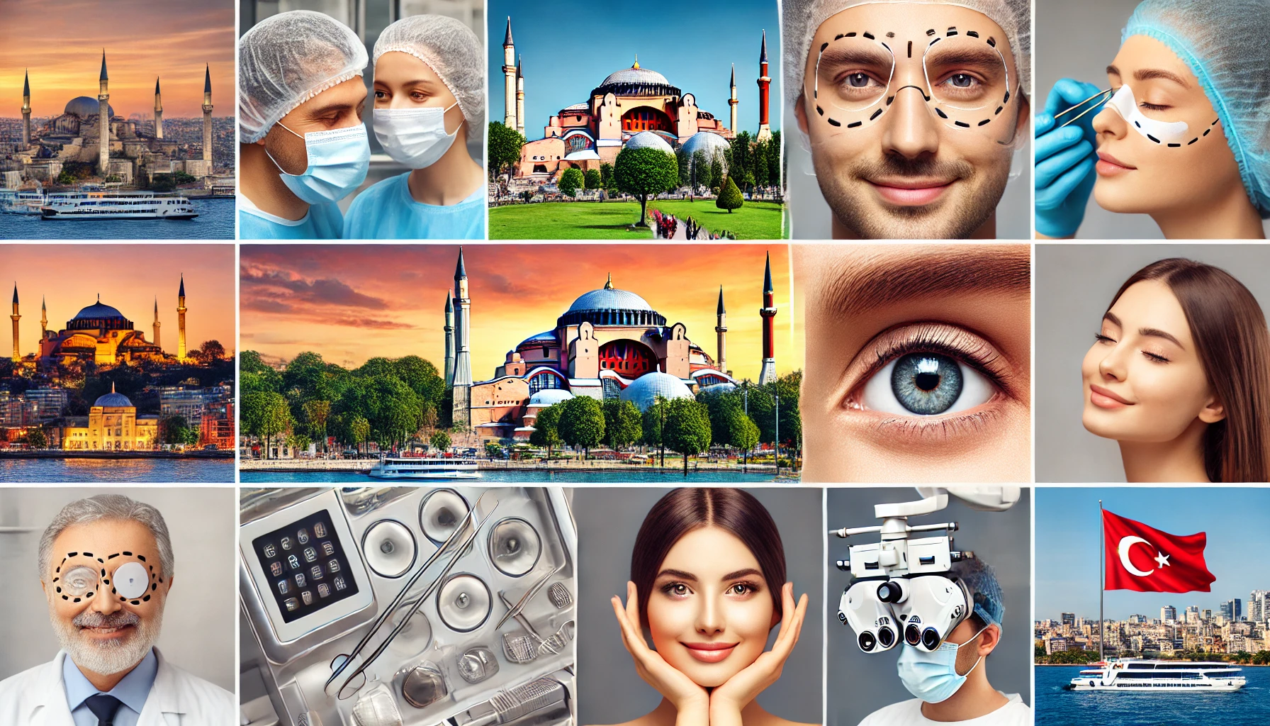 Collage of medical procedures in Turkey, including hair transplant, eye correction, and nose surgery, with modern clinics, happy patients, advanced medical equipment, and scenic views of Turkish landmarks like Istanbul's Hagia Sophia and the Mediterranean coast.