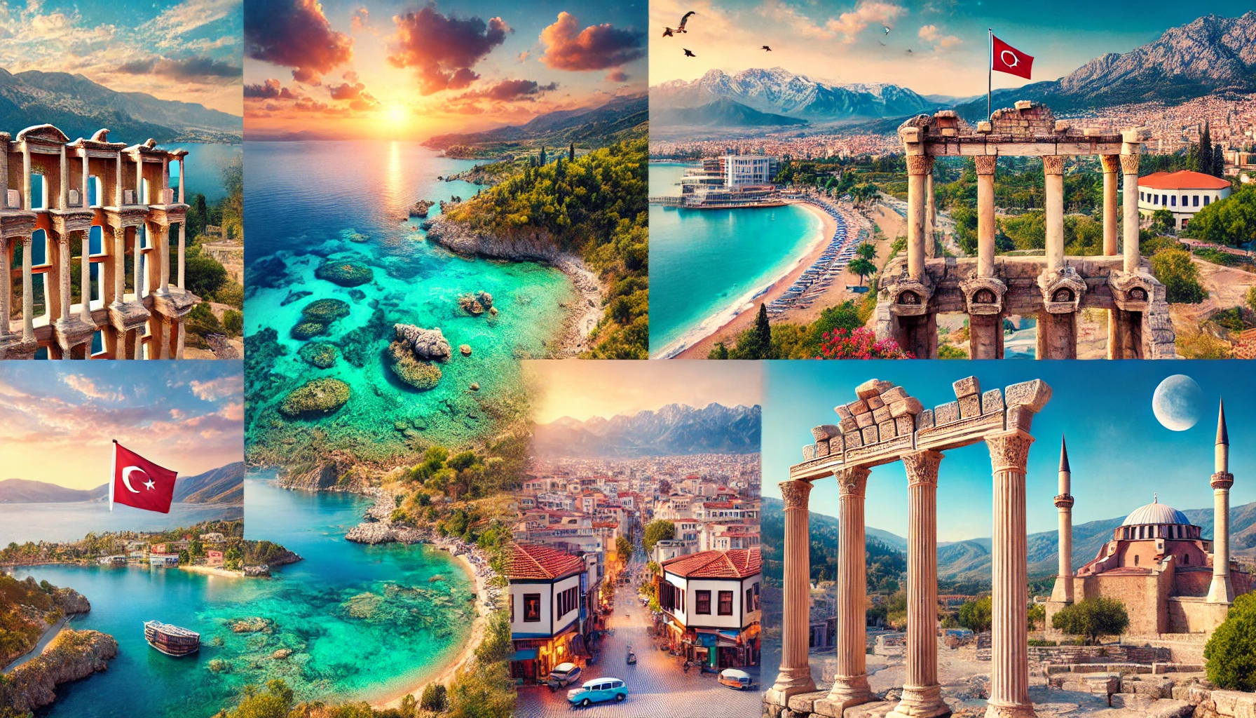 A picturesque view of Turkey's Mediterranean Region, featuring the stunning beaches of Antalya with turquoise waters, ancient ruins of Sagalassos, vibrant streets of Adana, and the tranquil Lake Salda.