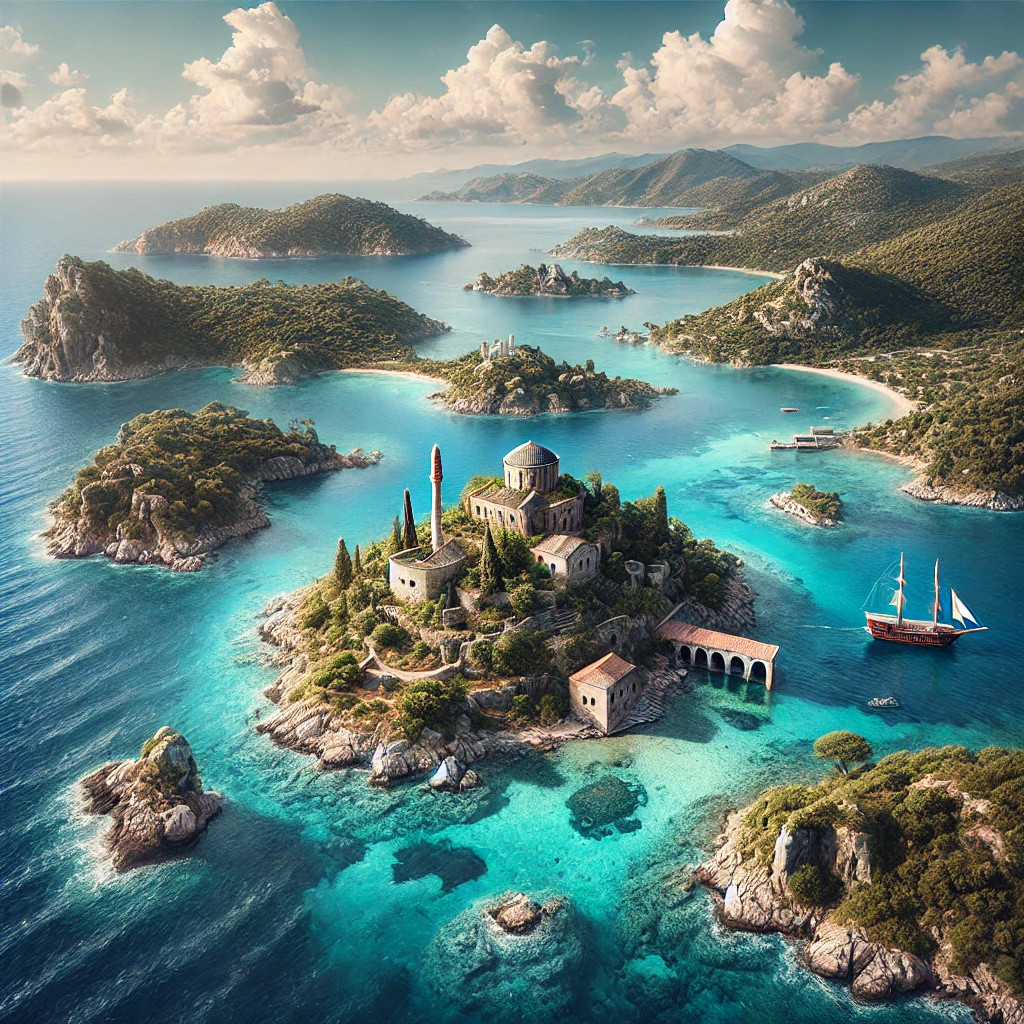 Mediterranean Sea islands in Turkey, featuring natural beauty and historical ruins of Aşırlı Island, Bayrak Adası, Besmi Adası, Aydıncık Islands, Boğsak Island, Gemiler Island, Kekova Island, Tersane Island, Suluada, and Yassıca Adaları.