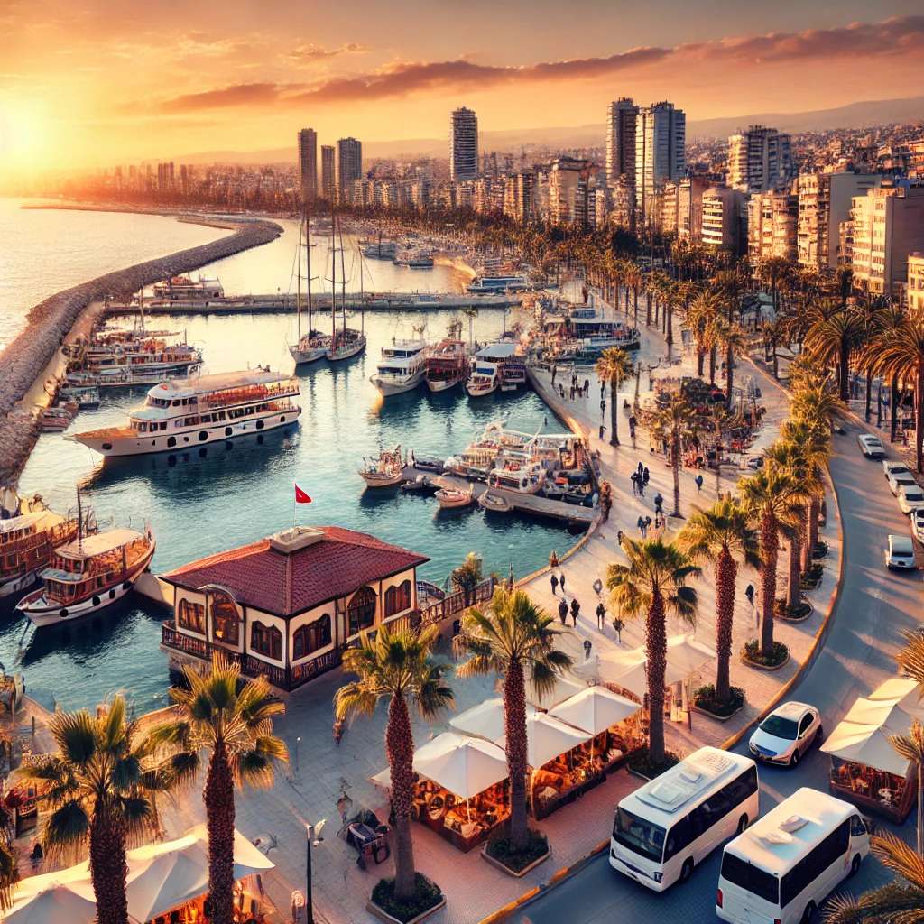 A picturesque scene of Mersin, Turkey, showcasing its beautiful Mediterranean coast, bustling marina, and cityscape with modern and historic buildings.