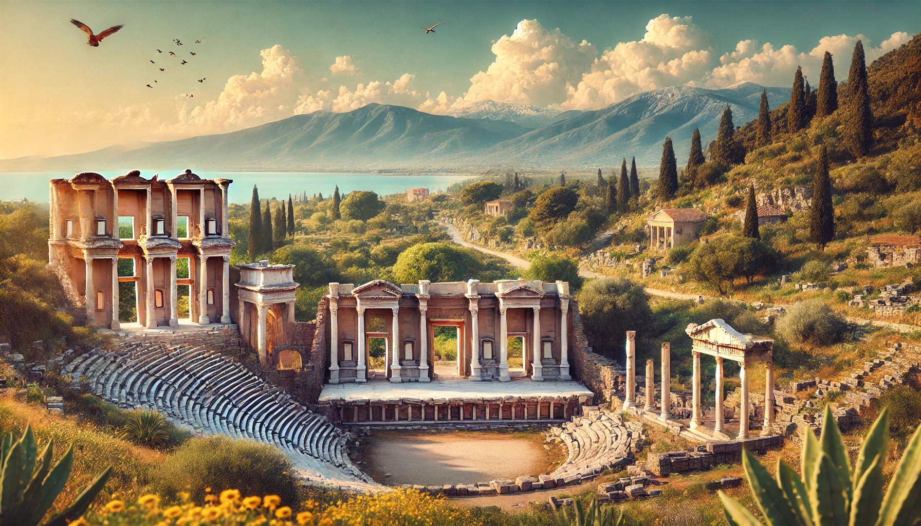 A picturesque view of the ancient city of Miletus near Soke, Turkey, featuring the well-preserved ruins of the theatre, the Temple of Apollo Delphinios, and the Bouleuterion, set against a backdrop of lush greenery and a clear blue sky.