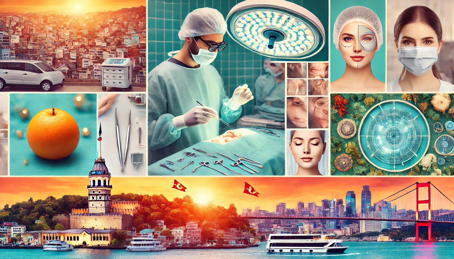 Collage showcasing various aspects of a mommy makeover in Turkey, featuring a modern cosmetic surgery clinic, a surgeon performing a procedure, before-and-after photos of patients, and scenic views of Istanbul in the background.