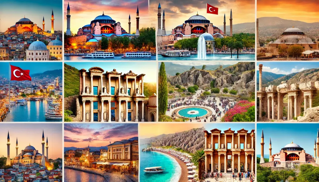 A collage of the most visited cities in Turkey, featuring iconic landmarks such as the Hagia Sophia in Istanbul, the ancient ruins in Ephesus, the fairy chimneys of Cappadocia, the beaches of Antalya, and the historic Selimiye Mosque in Edirne. The collage highlights the diversity and beauty of Turkey's cities, showcasing vibrant and scenic images of urban, coastal, and historical views.
