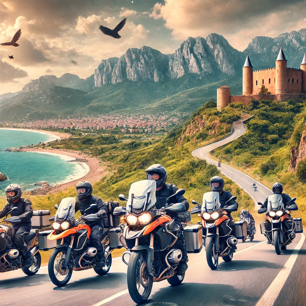 Motorcyclists riding through diverse landscapes in Turkey with coastal roads, green mountains, and historical sites.