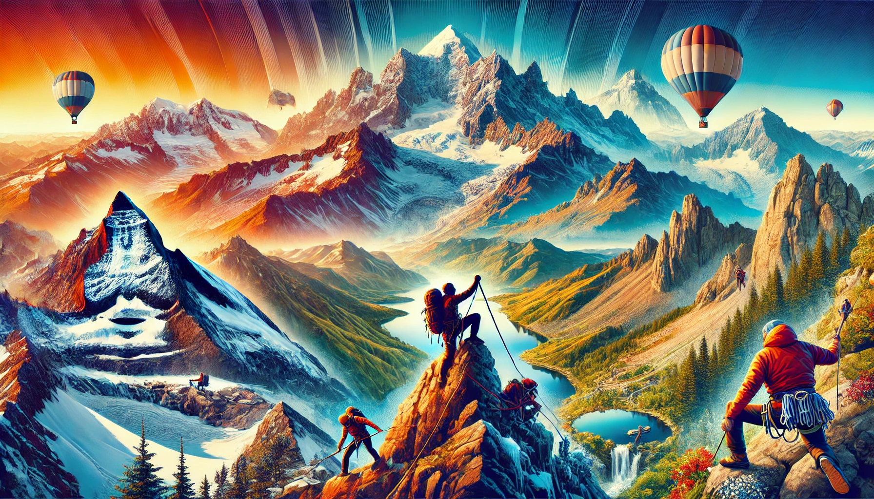 A vibrant scene showcasing mountain climbing in Turkey, featuring climbers on the peaks of Uludağ, Kaçkar Mountains, Erciyes, and Taurus Mountains with stunning natural landscapes including snow-capped peaks, lush greenery, and rocky terrains.