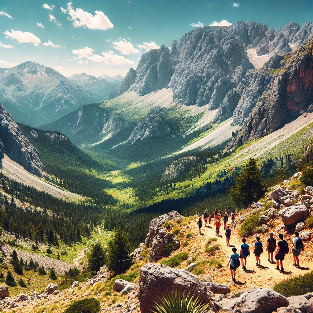 Tourists hiking in the Taurus Mountains of Turkey with rugged peaks and lush green valleys.