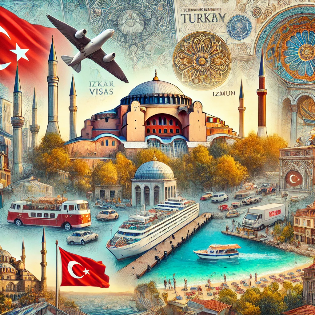 A collage of various aspects of moving to Turkey, featuring images of popular Turkish cities like Istanbul, Ankara, Izmir, and Bodrum. The collage includes visuals of famous landmarks such as Hagia Sophia, the Blue Mosque, and Bodrum's beaches, along with an image representing Turkish visas and residence permits. The overall theme highlights the blend of Eastern culture and Western civilization in Turkey, showcasing the diverse landscapes, cityscapes, and cultural heritage