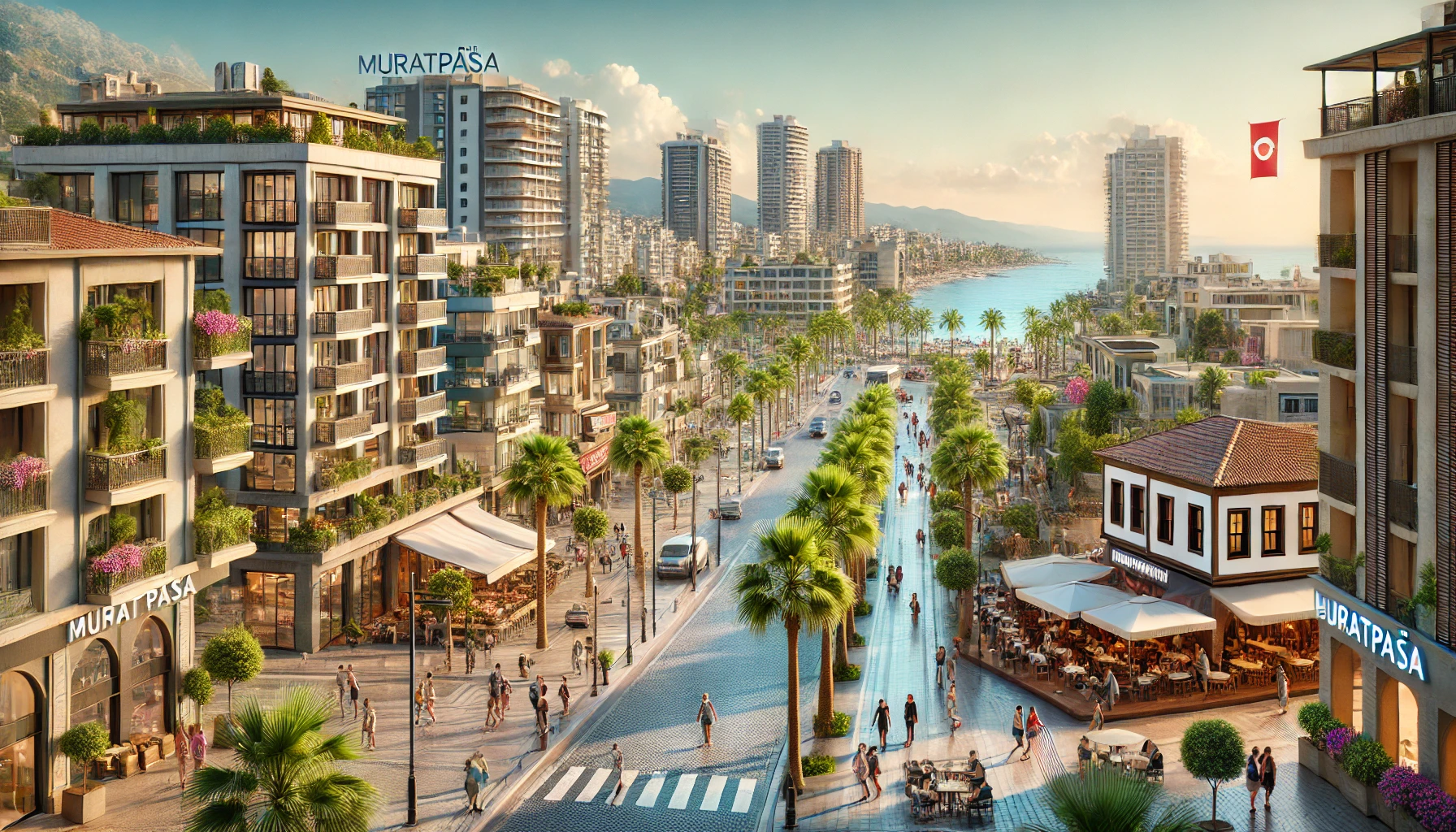 Realistic view of Muratpaşa in Antalya with bustling city center, modern buildings, palm trees, outdoor cafes, people walking, and the Mediterranean Sea in the background under clear blue skies.