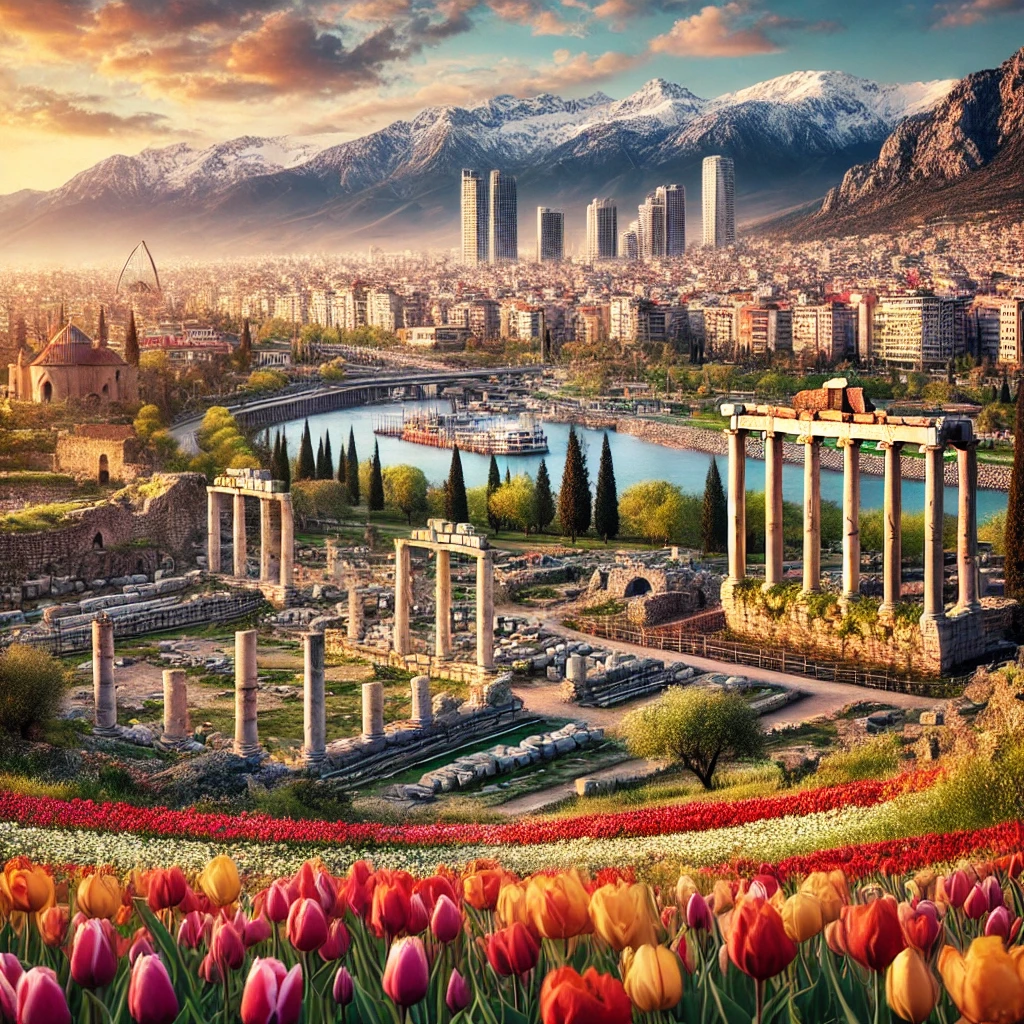 Scenic view of Muş, Turkey with ancient ruins, tulip fields, and modern cityscape.