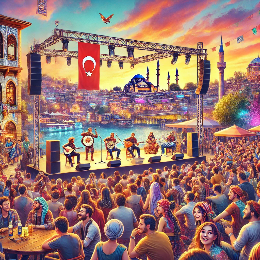 Vibrant music festival in Turkey with diverse crowd, live performances, and traditional Turkish instruments.