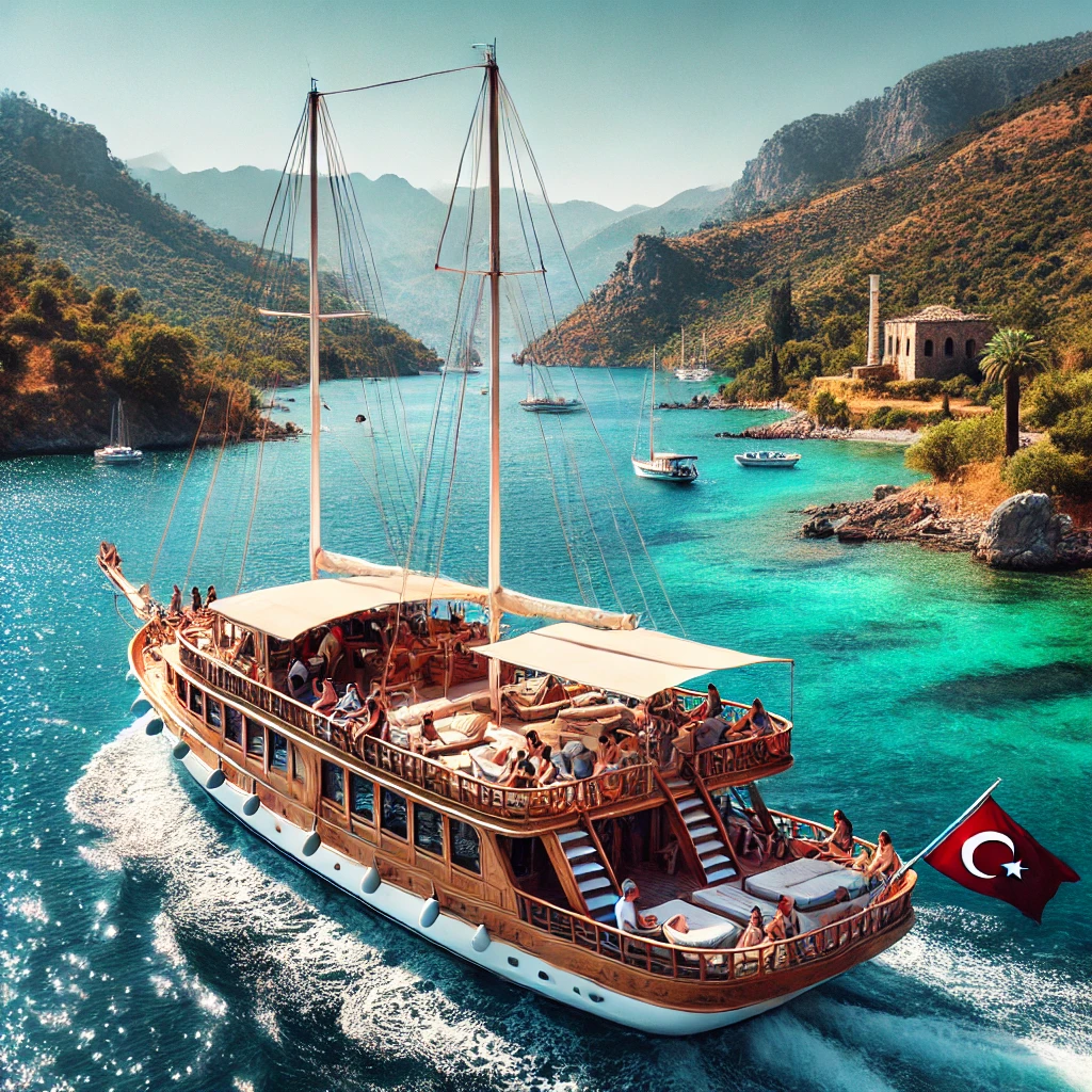 Group sailing on a traditional gulet boat in Turkey with clear blue Mediterranean waters, lush green hills, and historic ruins.